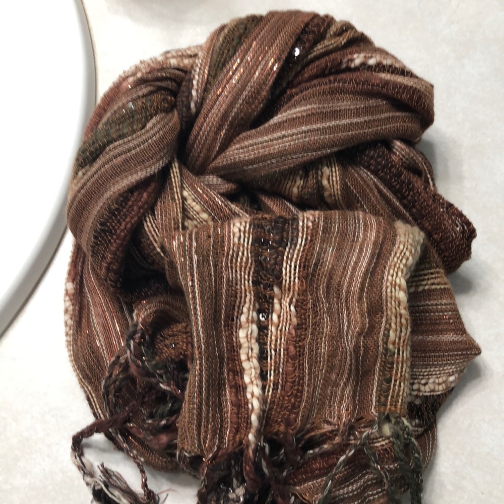 Neutrals and metallic scarf